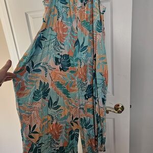 Heyson Tropical Leaf Print Jumpsuit in Teal & Coral